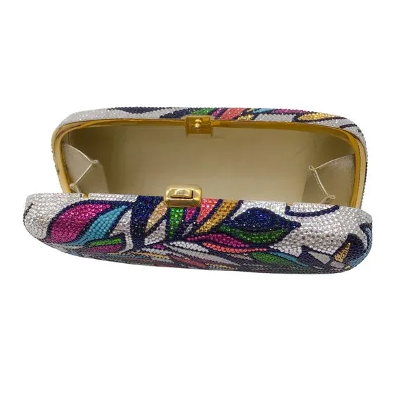 JUDITH LEIBER MULTICOLORED CRYSTAL EMBELLISHED LEAF DESIGN EVENING CLUTCH BAG - Picture 6 of 8